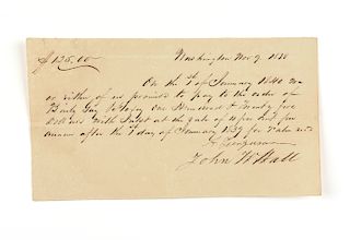 A REPUBLIC OF TEXAS PROMISSARY HANDWRITTEN NOTE, JOHN W. HALL (1786-1845) SIGNED AND DATED WASHINGTON, NOVEMBER 9, 1838,