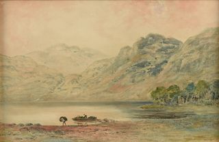 AMERICAN SCHOOL (19th/20th Century) A PAINTING, "Figures working by lake in Landscape,"
