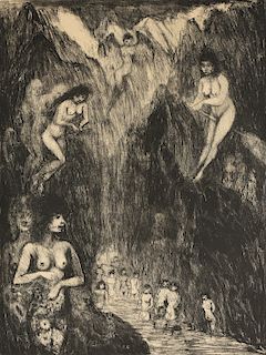 ÉDOUARD JOSEPH GOERG (Australian 1893-1969) A MACABRE DRYPOINT ETCHING, "Witches Bathing in the Valley,"