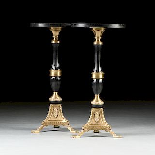 A PAIR OF OF REVIVAL STYLE MARBLE TOPPED POLISHED AND PATINATED BRONZE SIDE TABLES, MODERN,