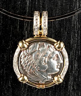 Alexander Tetradrachm, 18K Gold & Diamond Pendant