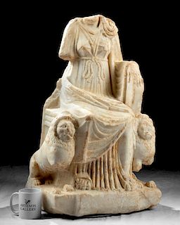 Roman Marble Goddess Magna Mater (Cybele) with Lions