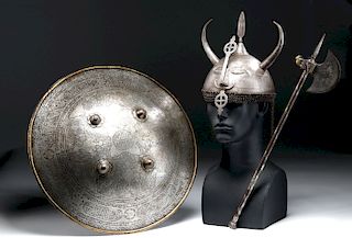 18th C. Indian Mughal Helmet, Shield, & Axe
