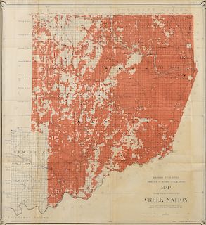 AN ANTIQUE MAP, "Department of the Interior Comission to the Five Civilized Tribes, Map Showing Progress of Allotment in the Creek Nation," 1902,