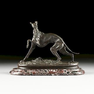 after PIERRE JULES MÊNE (French 1810-1879) A BRONZE SCULPTURE, "Startled Whippet,"