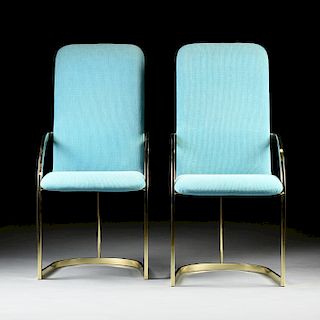 A SET OF FOUR VINTAGE MODERN TURQUOISE BLUE UPHOLSTERED AND LACQUERED BRASS DINING ARMCHAIRS, BY DESIGN INSTITUTE OF AMERICA, CHICAGO, CIRCA 1970,