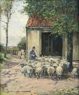KURT MOHR (German 1886-1973) A PAINTING, "Shepherd in Blue Coat with Herd of Sheep,"