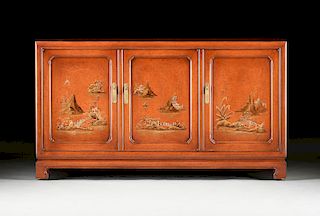 A MODERN AMERICAN CHINOISERIE DECORATED AND FAUX BURLED BURNT ORANGE LACQUER CONSOLE CABINET, BY JOHN WIDDICOMB CO, GRAND RAPIDS, MICHIGAN, 20TH CENTU