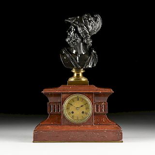 A NEOCLASSICAL BRONZE AND ROUGE MARBLE MANTEL CLOCK, MID 19TH CENTURY,