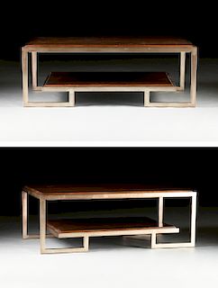 A PAIR OF CONTEMPORARY POLISHED OAK TOPPED AND SILVER LEAFED STEEL TWO TIER COFFEE TABLES,