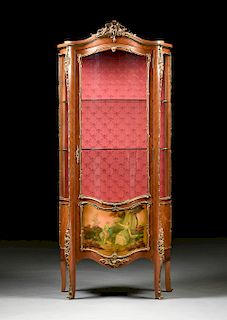 A LOUIS XV STYLE GILT BRONZE MOUNTED AND POLYCHROME PAINTED WALNUT VITRINE, 20TH CENTURY,