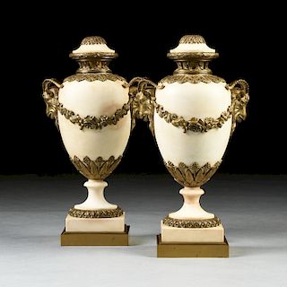 A PAIR OF LOUIS XVI STYLE BRONZE MOUNTED WHITE MARBLE URN LAMPS, EARLY 20TH CENTURY,