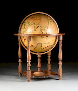 AN OLD WORLD STYLE WATERCOLOR ON PAPER GLOBE ON STAND, MID 20TH CENTURY,