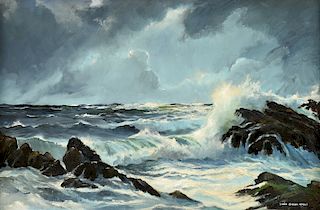 DANA GIBSON NOBLE (American 1915-1977) A PAINTING, "Storm Brewing Over Choppy Emerald Waters,"