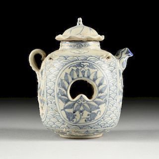 A RARE VIETNAMESE/ANNAMESE BLUE AND WHITE PORCELAIN PIERCED AND LIDDED TEAPOT, SHIPWRECK ARTIFACT, 15TH/16TH CENTURY,