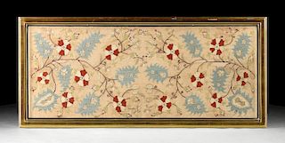 AN OTTOMAN EMPIRE FINELY EMBROIDERED POLYCHROME SILK ON LINEN SHAWL, TURKISH, 17TH CENTURY, BLUE AND RED TEXTILE,