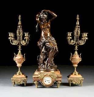 A LOUIS XVI REVIVAL GILT AND PATINATED BRONZE MOUNTED FIGURAL MANTLE CLOCK GARNITURE, FRENCH, LATE 19TH/EARLY 20TH CENTURY,