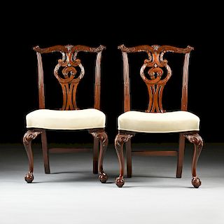 after THOMAS CHIPPENDALE (1718-1779) A GROUP OF SIX MAHOGANY AND LEATHER DINING CHAIRS, 20TH CENTURY,