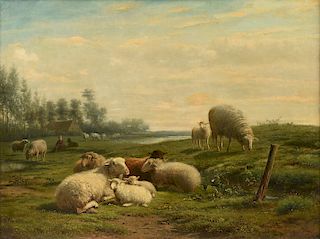 FRANS LEBRET (Dutch 1820-1909) A PAINTING, "Shepherdess with Dutch Shepherd and Drenthe Heath Sheep in Landscape,"