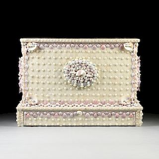 A BAROQUE GROTTO STYLE SEASHELL AND MOTHER OF PEARL ENCRUSTED FLAT SCREEN CABINET, MODERN,