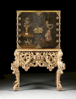 AN EDO PERIOD (1603-1868) LACQUERED CABINET ON A WILLIAM AND MARY (1688-1694) PARCEL GILT AND GESSO STAND, JAPANESE AND ENGLISH, 17TH/18TH CENTURY,