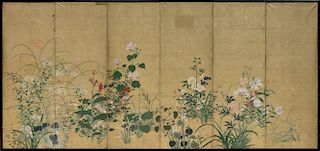 A JAPANESE RINPA SCHOOL POLYCHROME PAINTED AND GOLD LEAF SIX PANEL SCREEN, 19TH CENTURY,