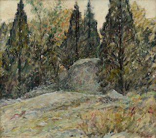 ROBERT LEWIS REID (American 1862-1929) A PAINTING, "Red Cedars and Rocks,"