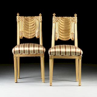 A PAIR OF ART DECO STYLE GILT AND UPHOLSTERED CARVED WOOD SIDE CHAIRS, LATE 20TH CENTURY,