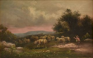 A BARBIZON SCHOOL (19th Century) A PAINTING, "Shepherd Herding Sheep at Sunset,"