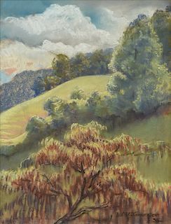 MARY E. GRAINGER (American/Tennessee 1880-1963) A DRAWING, "Clouds over a Hilly Landscape," 1936,