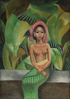 in the style of MIGUEL COVARRUBIAS (Mexican 1904-1957) A DRAWING, "Seated Balinese Beauty,"