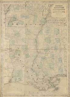 AN ANTIQUE AMERICAN RECONSTRUCTION ERA MAP, "Johnson's Arkansas, Mississippi and Louisiana," 1865-1869,