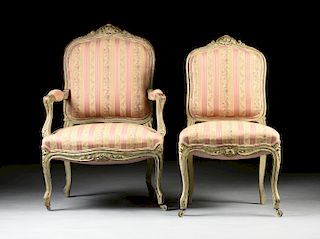 A SET OF SIX LOUIS XV STYLE PAINTED AND PARCEL GILT CARVED WOOD SALON CHAIRS, FRENCH, SECOND HALF 19TH CENTURY,