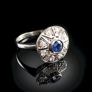AN ART DECO STYLE 14K WHITE GOLD, SAPPHIRE, AND DIAMOND LADY'S RING,