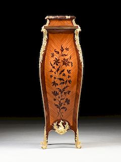 A LOUIS XV STYLE ORMOLU MOUNTED AND BOIS DE BOUT INLAID TULIPWOOD PEDESTAL, PROBABLY BY FRANCOIS LINKE, PARIS, LATE 19TH/EARLY 20TH CENTURY,