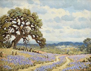 RANDY PEYTON (American b. 1958) A PAINTING, "Flowering Cacti under the Oak with Prickly Poppy, Bluebonnets and Indian Paintbrushes," 2008,