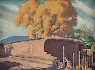 ARTHUR EARL HADDOCK (American 1895-1980) A DUAL SIDED PAINTING, "Adobe House and Yellow Tree," AND "Prairie Dog in Landscape,"