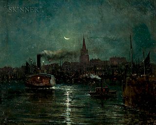 Clement Drew (American, 1806-1889)  Moonlit Harbor