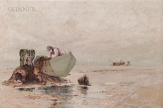 Edward A. Page (American, 1850-1928)  Fisherman and Dinghy at Low Tide