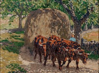 Edward Charles Volkert (American, 1871-1935)  Oxen and Wagon on a Sun-dappled Path