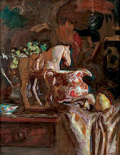 Harry Sutton (American, 1897-1984)  Still Life with Tang Horse and Pottery Pitcher
