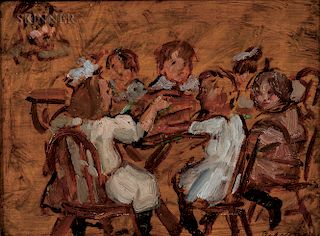 Theresa Ferber Bernstein (American, 1890-2002)  Double-sided Painting: Children at the Table, Wooded Landscape