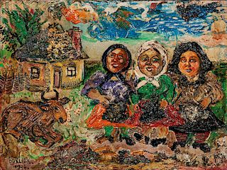 David Davidovich Burliuk (Ukrainian/American, 1882-1967)  Farm Landscape with Three Peasant Women