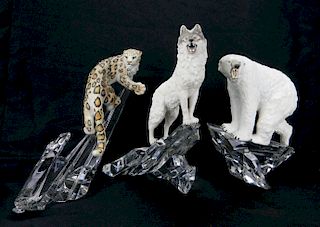 3 Franklin Mint Porcelain animals on crystal