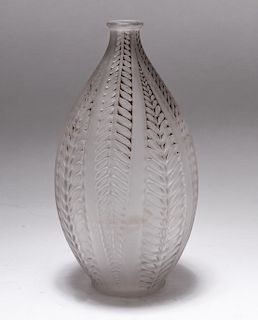 R. Lalique France Frosted Art Glass Vase w Leaves