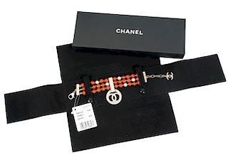 Chanel 3 Strand Red & Gold Tone Beads & CC Charm