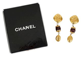 Chanel Gold Mlle Coco Red Gripoix Earrings 1970s