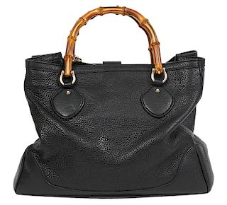 Gucci Black Leather Tote Bamboo Collection