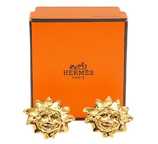 Herms Gold Tone Sun Clip On Earrings