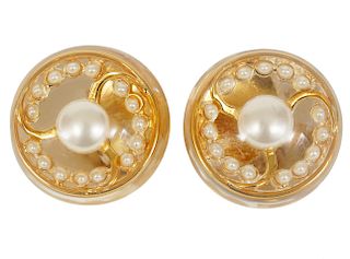 Chanel Vintage Gold Tone Lucite & Pearl Earrings